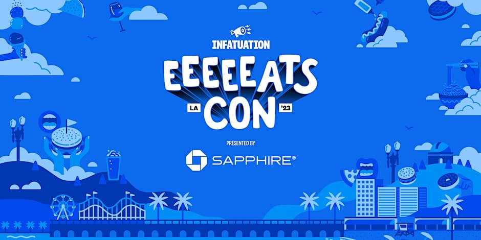 Illustration of Santa Monica skyline in blue with various street food items floating around and EEEEEATSCON LA 2023 logo in middle