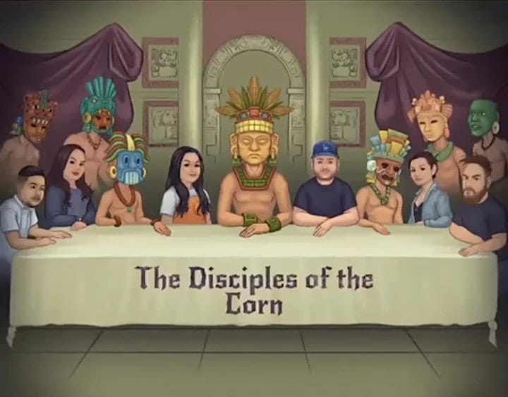 The Disciples of the Corn. An drawing of mayan or aztec gods sitting on a long table mixed with Mexican street food chefs