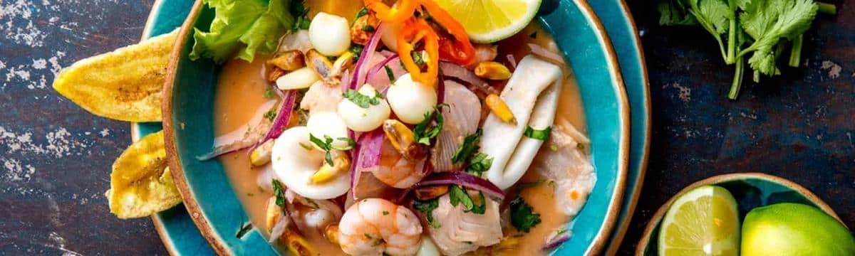 Flatlay photo of a colorful and delicious Ecuadorian dish served in a bowl