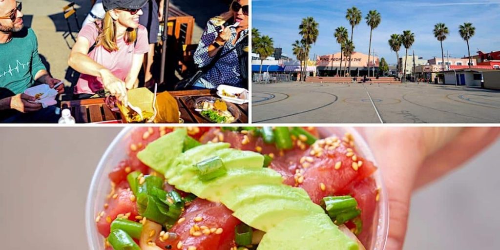 Collage of the venue, featured dishes and people enjoying food at the Iconic Venice Beach Food Favorites - Food Tours by Cozymeal™